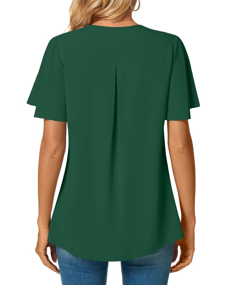Anyally Women's Summer Dressy Chiffon Blouses Plus Size V Neck Ruffle Short Sleeve Tunic Tops for Leggings Casual T-Shirts, 2XL Dark Green - Image 4