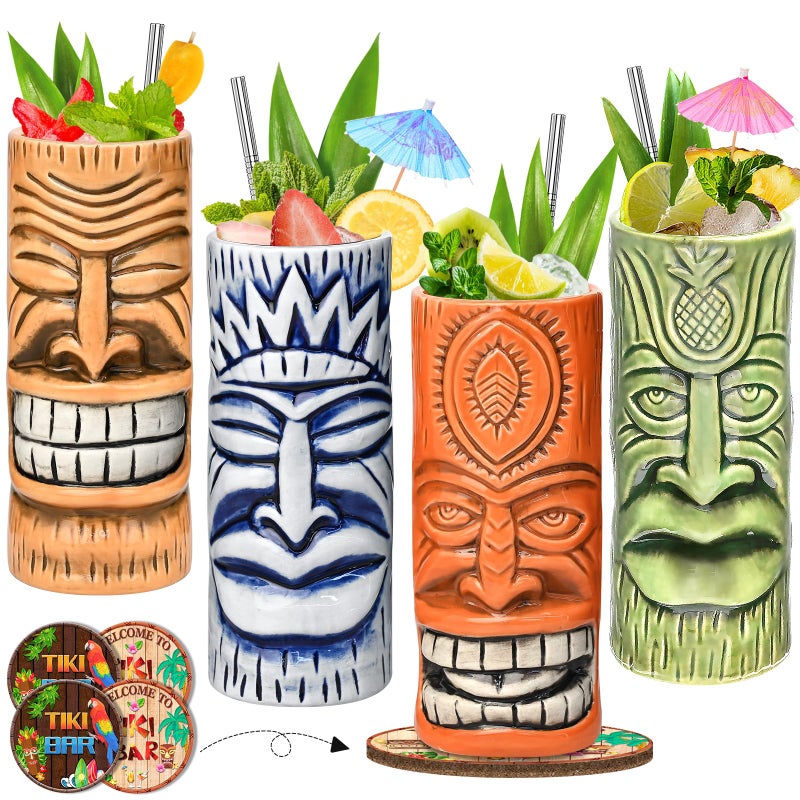 SuproBarware Tiki Mugs Set of 4  Ceramic Tiki Glass Cocktail Cups unique Cocktail Glasses Bar Professional Hawaiian Mug and Halloween Christmas Party Barware