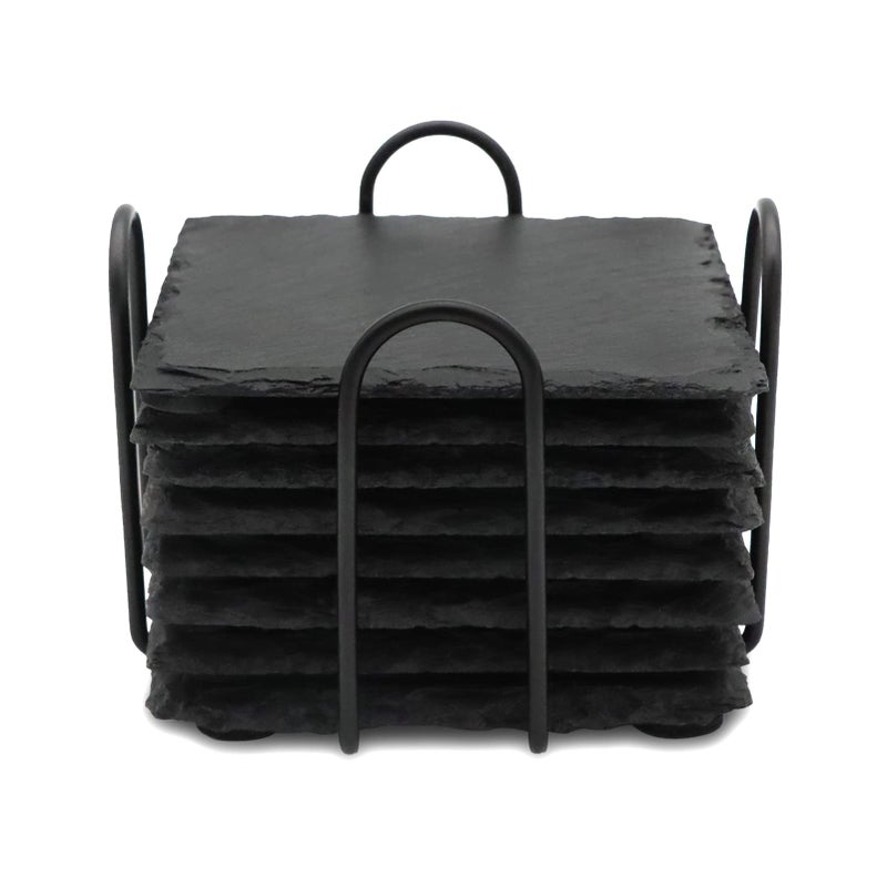 SIJDIEE 8 PCS Square Slate Drink Coasters مجموعة Sijdiee 4 بوصة سوداء من الوقايات الحجرية مع أسفل الخدش وحامل السفينة لمكتب المطبخ المطبخ المنزل لوازم الديكور - Image 1