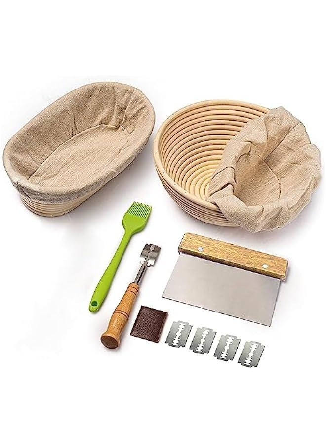 بيوينتي اونكاف مجموعة سلال تخمير من بانيتون مكونة من قطعتين - سلال دائرية 9 انش و10 انش بيضاوية للعجين المخمر مع لفائف الخبز ومكشطة العجين وبطانة كتان وفرشاة دهن لتخمير الخبز - Image 1