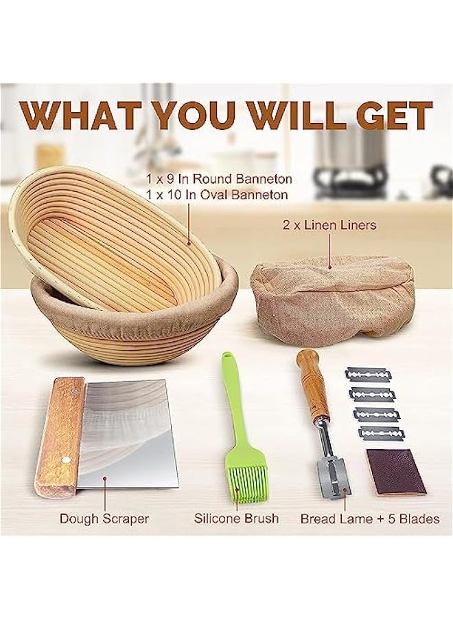 بيوينتي اونكاف مجموعة سلال تخمير من بانيتون مكونة من قطعتين - سلال دائرية 9 انش و10 انش بيضاوية للعجين المخمر مع لفائف الخبز ومكشطة العجين وبطانة كتان وفرشاة دهن لتخمير الخبز - Image 4