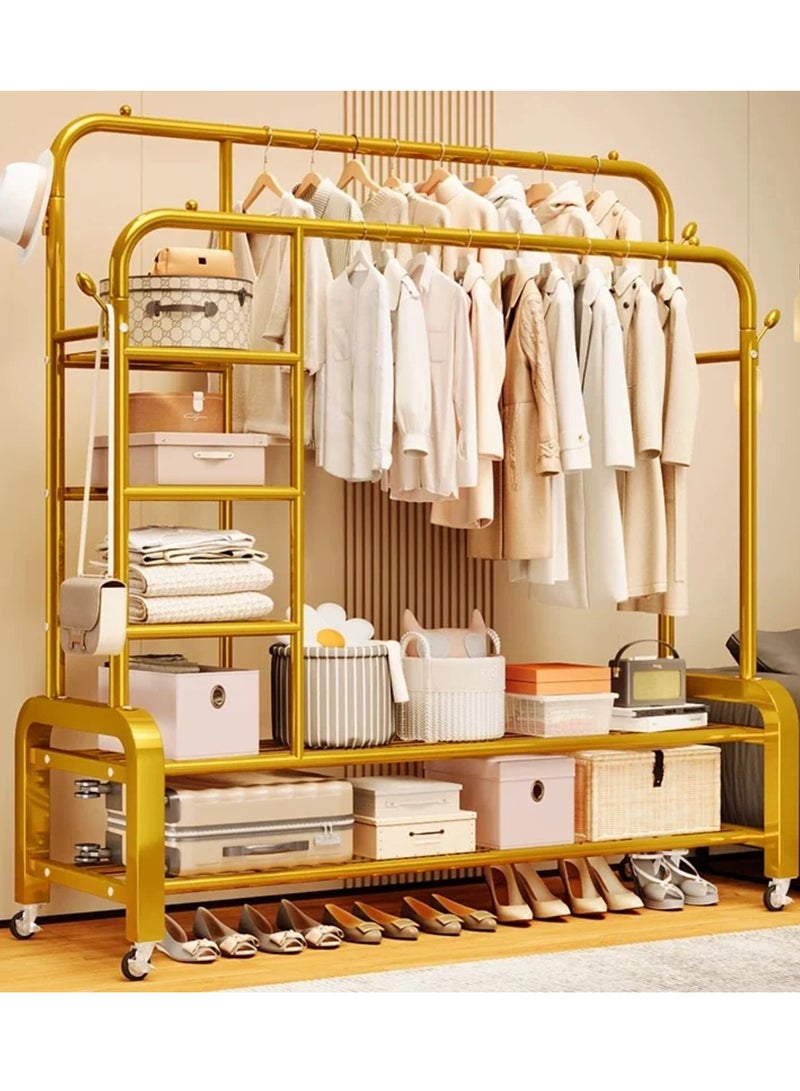 SHEE ONE Double Clothes Rack by SHEE ONE | Rolling Wardrobe Stand with Side Hooks | Multi-Layer Clothes & Shoe Organizer with Side and Bottom Shelves | 155×150×55 cm | Gold Color - Image 1