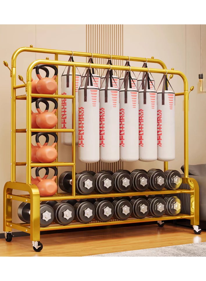 SHEE ONE Double Clothes Rack by SHEE ONE | Rolling Wardrobe Stand with Side Hooks | Multi-Layer Clothes & Shoe Organizer with Side and Bottom Shelves | 155×150×55 cm | Gold Color - Image 3