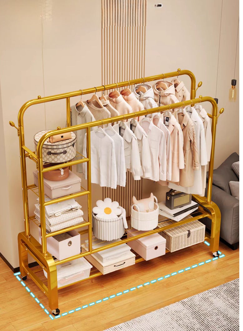 SHEE ONE Double Clothes Rack by SHEE ONE | Rolling Wardrobe Stand with Side Hooks | Multi-Layer Clothes & Shoe Organizer with Side and Bottom Shelves | 155×150×55 cm | Gold Color - Image 5