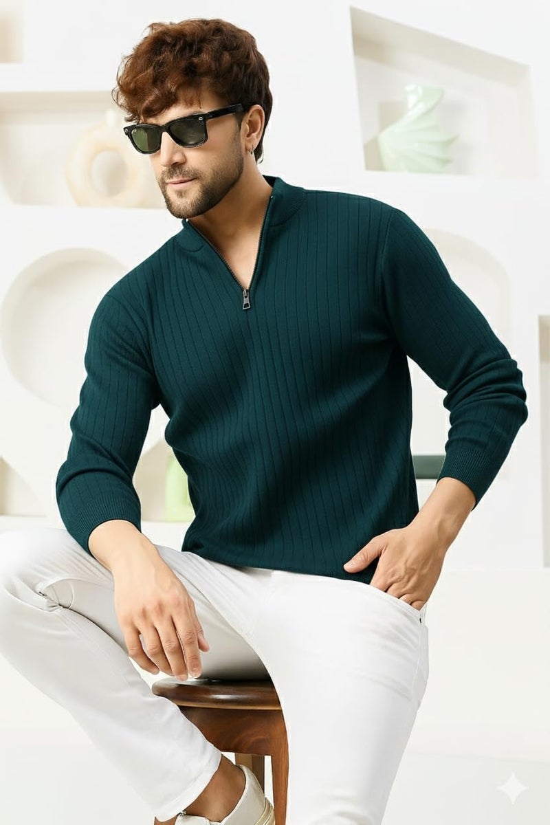 Pivl Men's Winter Half Zip Solid Warm Sweater_Teal-XL - Image 4