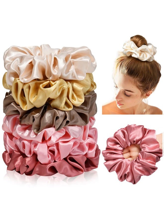 CEELGON Large Silk Satin Scrunchies for Women Big Scrunchies Jumbo Satin Hair Ties Oversized Hair Scrunchies for Thick Curly Hair Pack of 6 (Pink,Champagne,Ivory,Gold) - Image 1