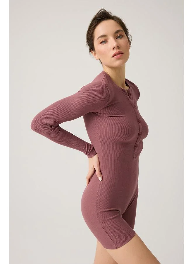 Los Ojos x Melodi Bordeaux Ribbed Long Sleeve Short Jumpsuit Romper.
