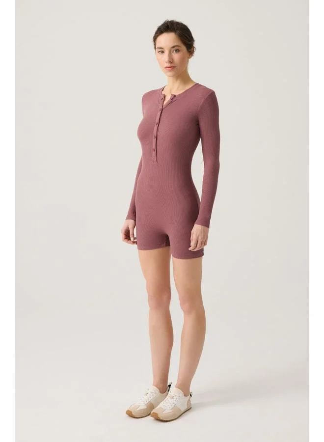 Los Ojos x Melodi Bordeaux Ribbed Long Sleeve Short Jumpsuit Romper.