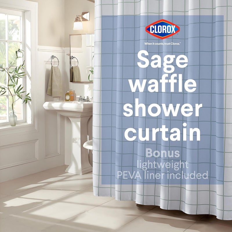 Clorox Bathroom Waffle Windowpane Pattern Shower Curtain with Waterproof Lightweight PEVA Liner Set, Standard Size, Metal Grommets, No Hooks 72" x 72" - 2 Pc Set - Sage Green w Frosty PEVA - Image 1
