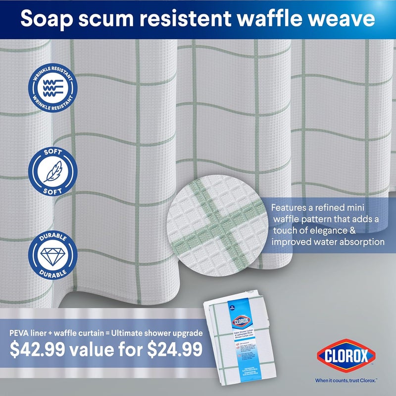 Clorox Bathroom Waffle Windowpane Pattern Shower Curtain with Waterproof Lightweight PEVA Liner Set, Standard Size, Metal Grommets, No Hooks 72" x 72" - 2 Pc Set - Sage Green w Frosty PEVA - Image 4