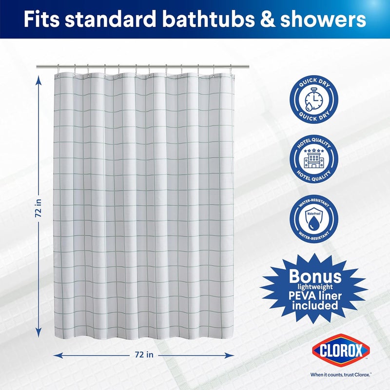 Clorox Bathroom Waffle Windowpane Pattern Shower Curtain with Waterproof Lightweight PEVA Liner Set, Standard Size, Metal Grommets, No Hooks 72" x 72" - 2 Pc Set - Sage Green w Frosty PEVA - Image 2
