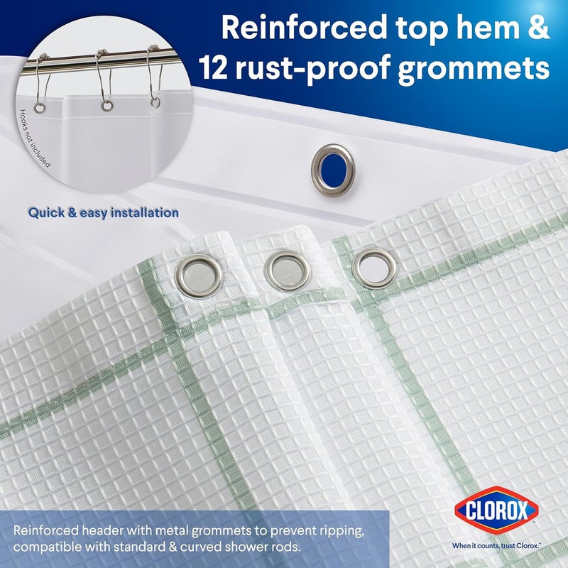 Clorox Bathroom Waffle Windowpane Pattern Shower Curtain with Waterproof Lightweight PEVA Liner Set, Standard Size, Metal Grommets, No Hooks 72" x 72" - 2 Pc Set - Sage Green w Frosty PEVA - Image 5