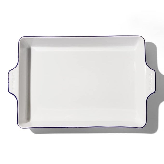 MADE IN COOKWARE RECTANGULAR BAKING DISH NAVY RIM HAND CRAFTED PORCELAIN PROFESSIONAL BAKEWARE MADE IN FRANCE