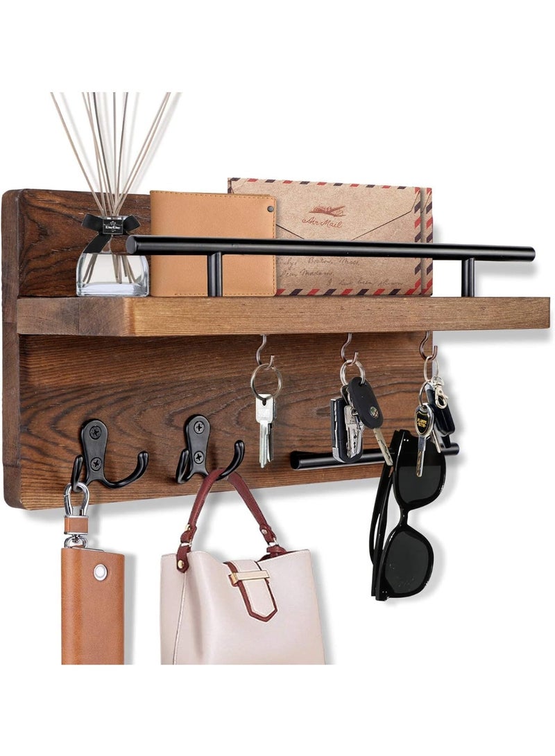 FALAHOM Wall Mounted Key Holder/Hangers for Wall Decorative with 5 Key Hooks, Wooden Mail Rack Organizer with Shelf, Rustic Home Decor for Entryway Mudroom Hallway Office - Image 1