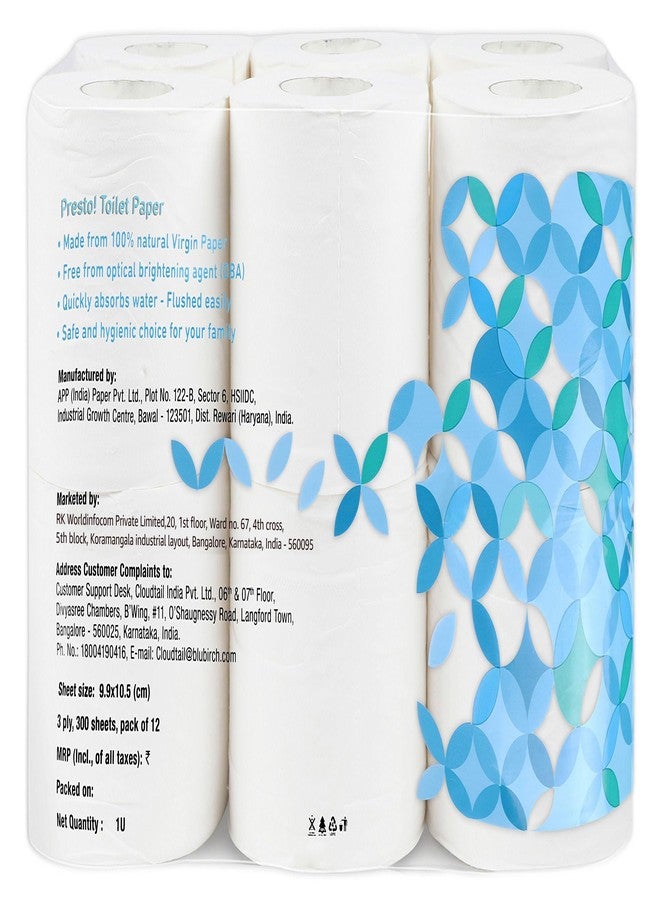 Presto! Amazon Brand - Presto! 3 Ply Toilet Paper Roll | 3600 Pulls | 300 Pulls X 12 Rolls | Soft And Highly Absorbent | 100% Natural Virgin Cellulose Fiber - Image 5
