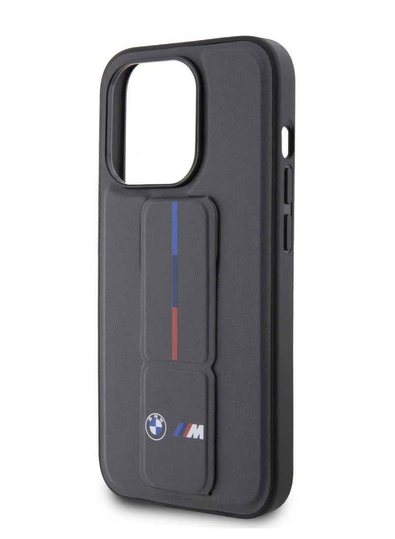 BMW iPhone 15 Pro Case Leather Gripstand Back Cover with Hot M Stamp - Black - Image 1