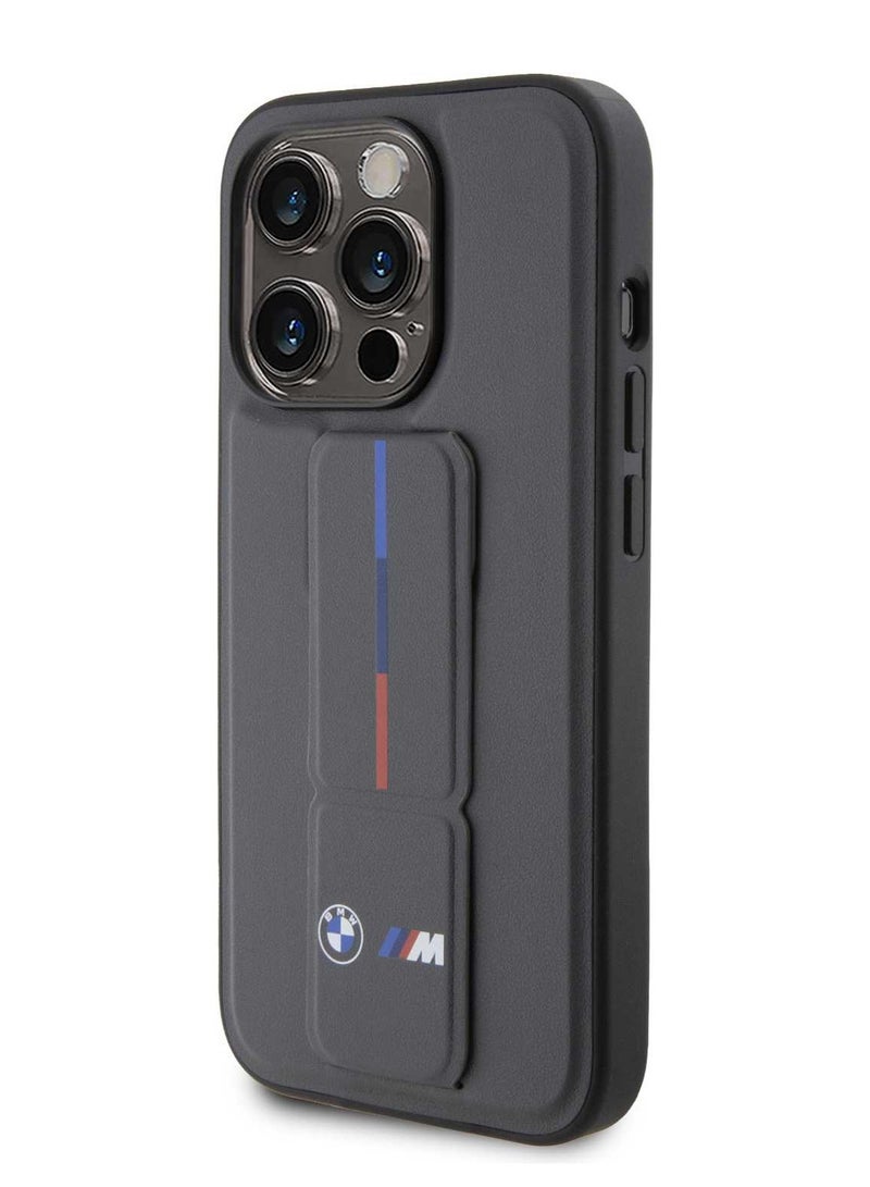 BMW iPhone 15 Pro Case Leather Gripstand Back Cover with Hot M Stamp - Black - Image 2