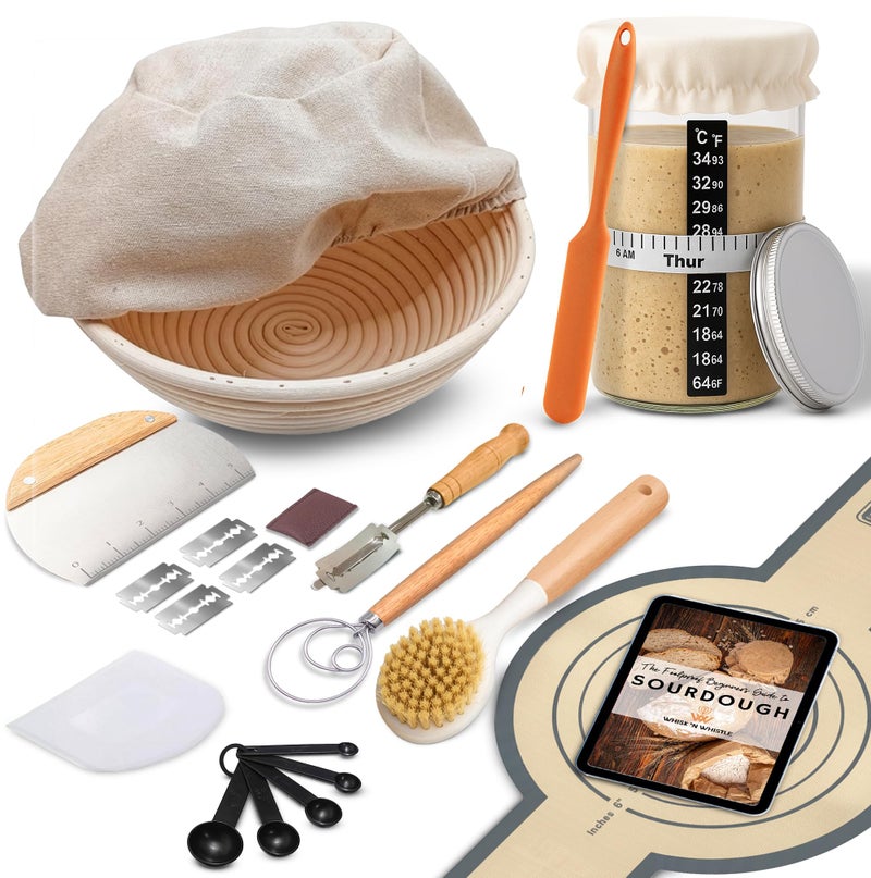 Complete Sourdough Starter Kit and Sourdough Bread Baking Supplies Includes 9 Banneton Proofing Basket 34oz Sourdough Starter Jar Silicone Bread Sling Scrapers Bread Lame and Measuring Spoons