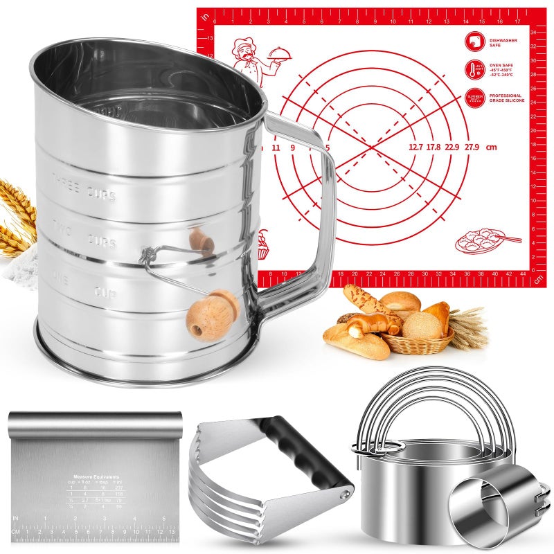 ARTOSHIN 9PCS Stainless Steel Pastry Blender Set 3 Cup Flour Sifter Biscuit Cutter Pastry Cutter Dough Cutter Silicone Baking Mats for Cooking Cookies and Donuts Cakes Biscuits or Making Pancakes - Image 2