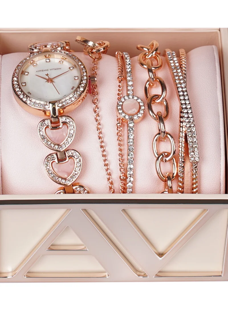 ADRIENNE VITTADINI Adrienne Vittadini Women's Stackable Watch Set MoP Dial Rose Gold Stainless Steel Case with Heart-Shaped Links Bracelet 7898R-42-E29