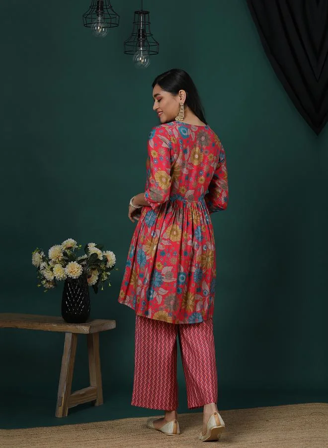 globus Floral Printed Peplum Tunic and Chevron Print Trousers Co-Ords by Styli