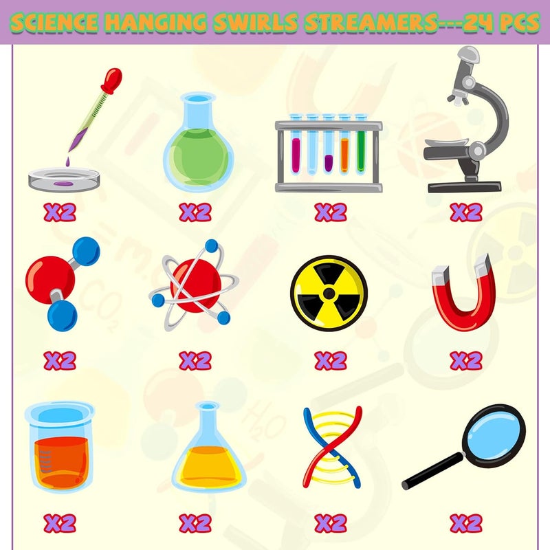 Civaner 66 قطعة زينة حفلة عيد ميلاد علمية 42 قطعة بالونات ذات طابع علمي بالونات لاتكس رياضية 24 دوامات معلقة زينة مختبر الكيمياء للحفلات المدرسية والفصول الدراسية - Image 3