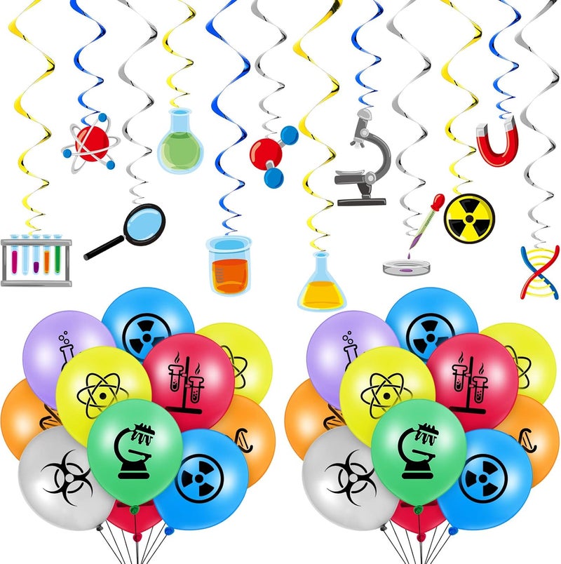 Civaner 66 قطعة زينة حفلة عيد ميلاد علمية 42 قطعة بالونات ذات طابع علمي بالونات لاتكس رياضية 24 دوامات معلقة زينة مختبر الكيمياء للحفلات المدرسية والفصول الدراسية - Image 1