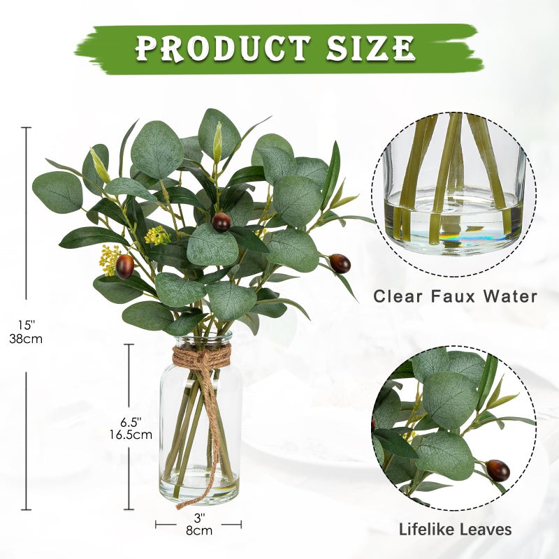 Briful Artificial Eucalyptus Stems in Glass Vase with Faux Water, 14" Fake Plant Olive Leaves for Home Office Farmhouse Wedding Centerpiece DÃ©cor - Image 2