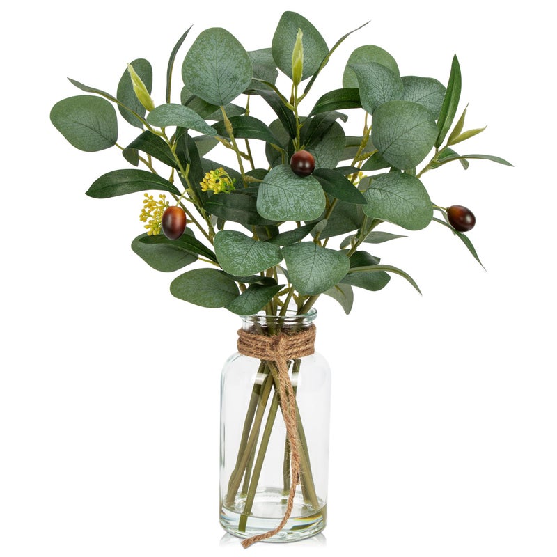 Briful Artificial Eucalyptus Stems in Glass Vase with Faux Water, 14" Fake Plant Olive Leaves for Home Office Farmhouse Wedding Centerpiece DÃ©cor - Image 1