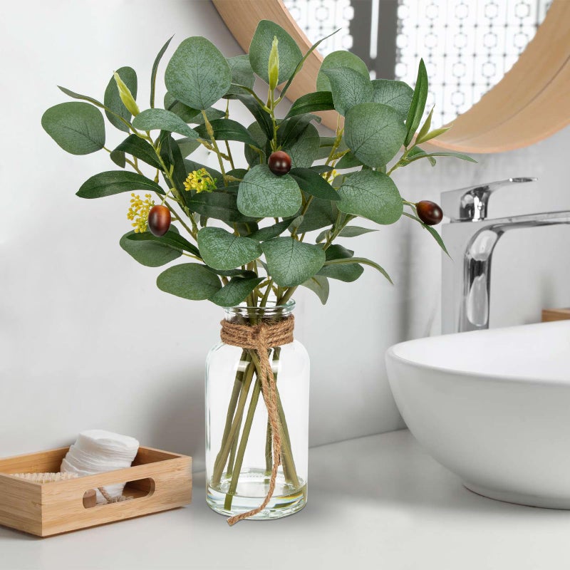 Briful Artificial Eucalyptus Stems in Glass Vase with Faux Water, 14" Fake Plant Olive Leaves for Home Office Farmhouse Wedding Centerpiece DÃ©cor - Image 3