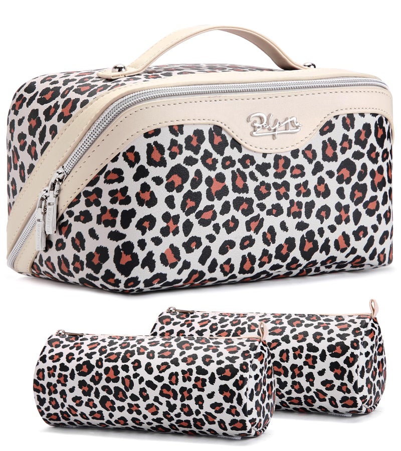 BOYATU Travel Makeup Bag for Women: 3 Pcs Set Portable Make up Bags with Handle - Leopard Print Cosmetic Bags with Comparments - Waterproof Vegan Leather Toiletry Bag (12-White) - Image 1