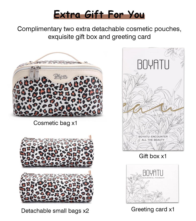 BOYATU Travel Makeup Bag for Women: 3 Pcs Set Portable Make up Bags with Handle - Leopard Print Cosmetic Bags with Comparments - Waterproof Vegan Leather Toiletry Bag (12-White) - Image 2