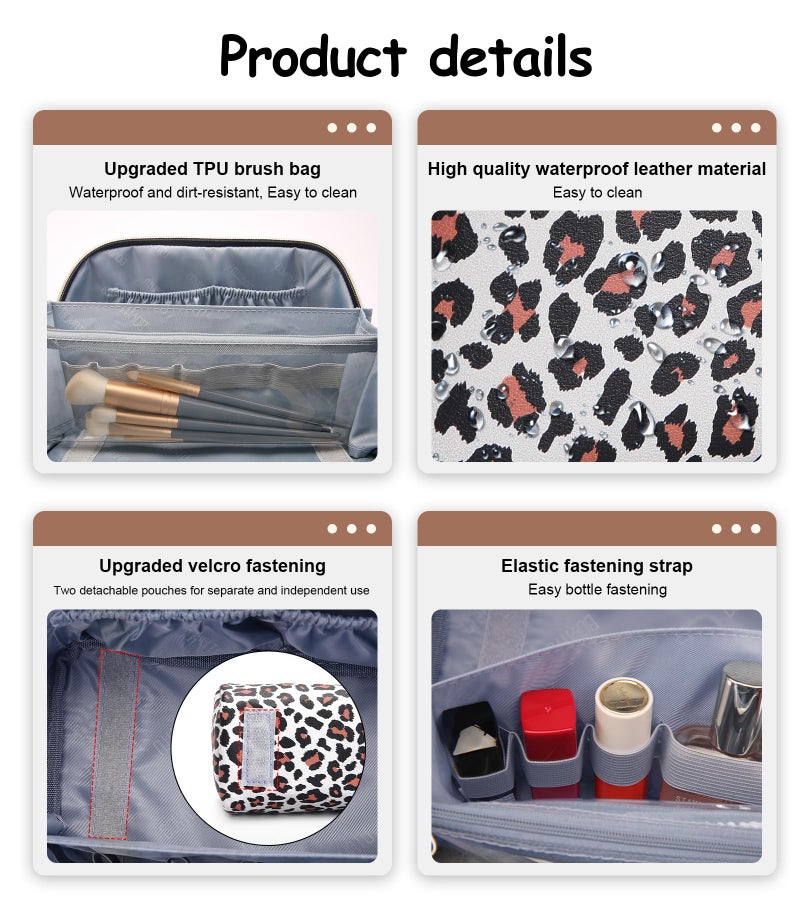 BOYATU Travel Makeup Bag for Women: 3 Pcs Set Portable Make up Bags with Handle - Leopard Print Cosmetic Bags with Comparments - Waterproof Vegan Leather Toiletry Bag (12-White) - Image 4