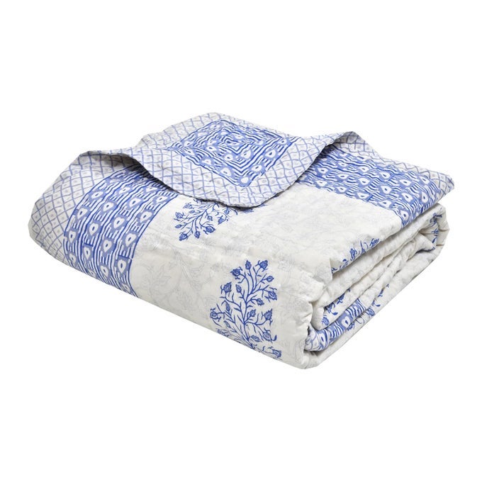 HAND BLOCK PRINTED COTTON KING SIZE QUILTRAJAI 90 INCH X 108 INCH BLUE BUTA TC 300