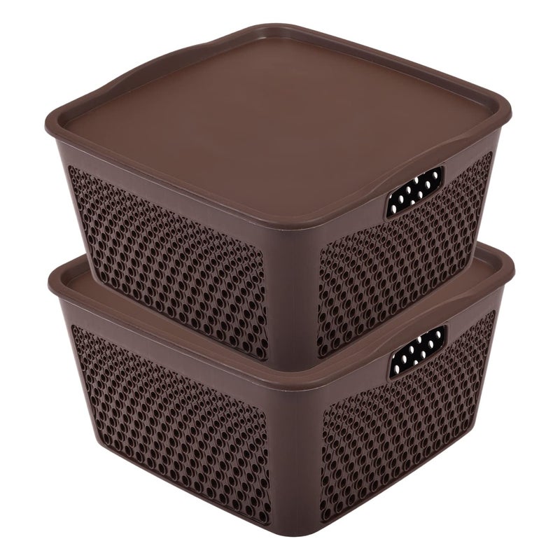 Kuber Industries Kuber Industries Netted Design Unbreakable Multipurpose Square Shape Plastic Storage Baskets with lid Large Pack of 2 (Brown)  - Image 1