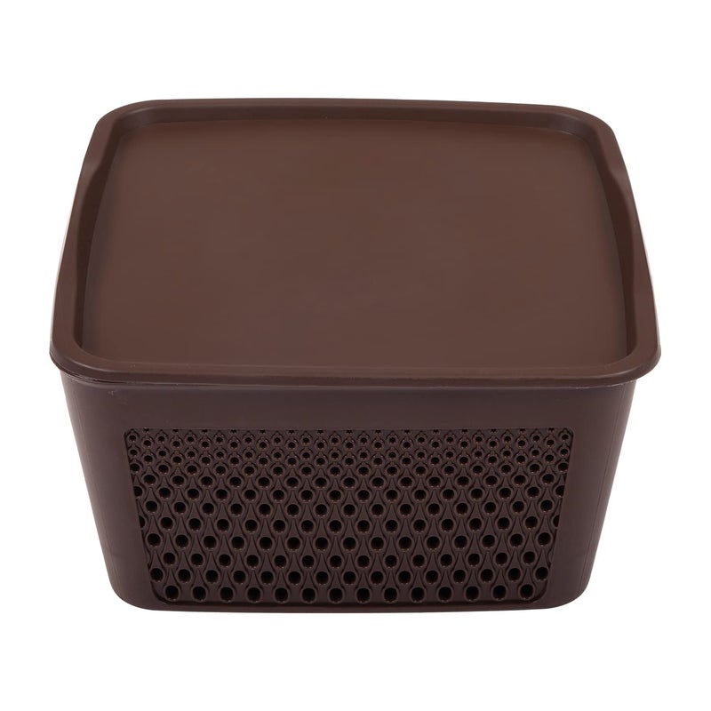 Kuber Industries Kuber Industries Netted Design Unbreakable Multipurpose Square Shape Plastic Storage Baskets with lid Large Pack of 2 (Brown)  - Image 2