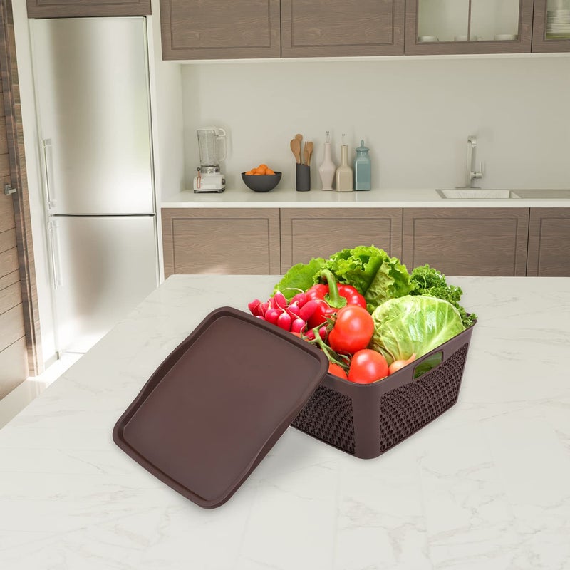 Kuber Industries Kuber Industries Netted Design Unbreakable Multipurpose Square Shape Plastic Storage Baskets with lid Large Pack of 2 (Brown)  - Image 5