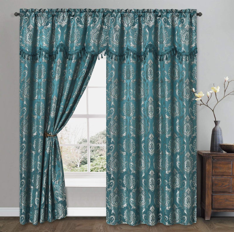 GOHD Golden Ocean Home Decor GOHD Simple Classic Jacquard Window Curtain Panel Drape with Attached Wave Valance 2pcs Set Each pc 54 inches Wide x 84 inches Drop with Valance Peacock Blue