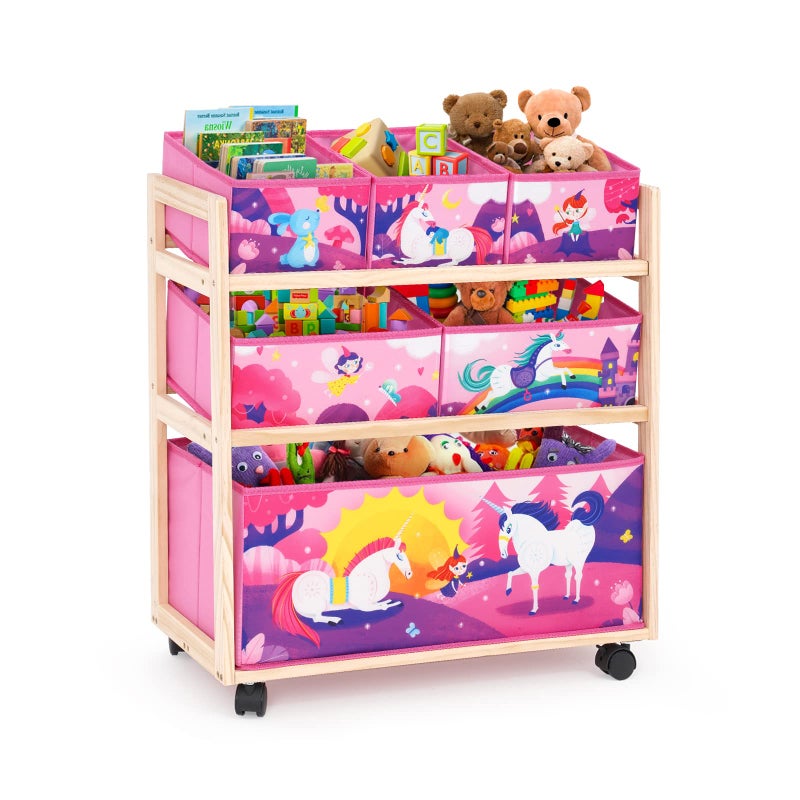 Jomifin kids Toy Storage Organizer with Wheels, Utility Rolling Cart with Large Storage Capacity for Bedroom, Toy Room, Playroom - Hold Toys, Books, Blankets (Pink) - Image 1