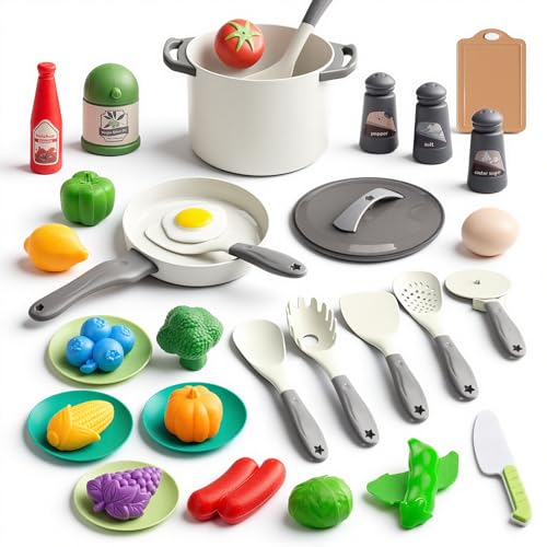 JOKERKING 35Pcs Kids Kitchen Toy Accessories Toddler Pretend Cooking Playset with Play Pots Pans Utensils Cookware Play Food Set Toy Vegetables Learning Gift for Girls Boys White - Image 1