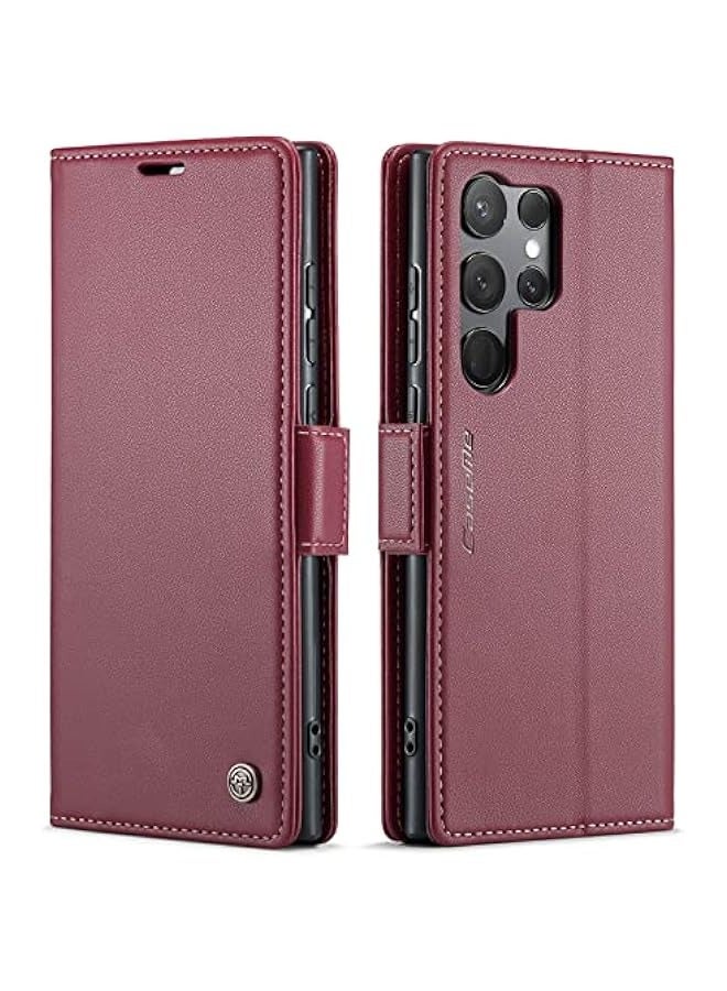 حافظة جلدية فاخرة مغناطيسية لهاتف Samsung Galaxy S24 Ultra باللون الأحمر النبيذ - Image 1