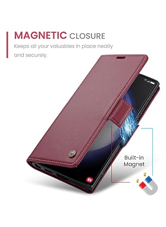 حافظة جلدية فاخرة مغناطيسية لهاتف Samsung Galaxy S24 Ultra باللون الأحمر النبيذ - Image 5