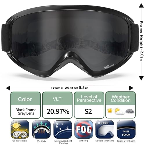 MAXJULI Ski Goggles Snow Snowboard Goggles for Men Women Anti-Fog HD Lens M7 (Black Frame+20.97% VLT Gray Len) - Image 5