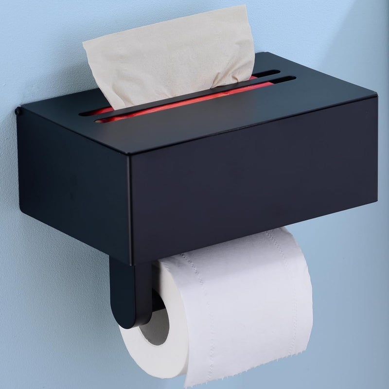 TRUSTMI Toilet Paper Holder with Storage Shelf Phone Standing Tisuse Box Cover Square Bathroom Wet Wipe Facial Organizer Wall Mounted Matte Black - Image 1