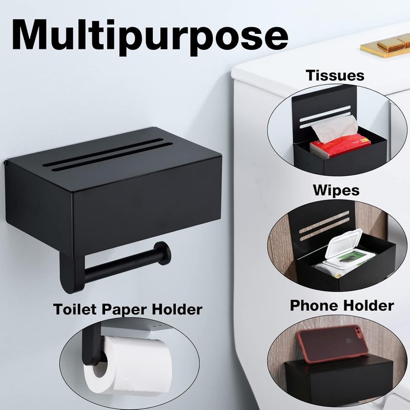 TRUSTMI Toilet Paper Holder with Storage Shelf Phone Standing Tisuse Box Cover Square Bathroom Wet Wipe Facial Organizer Wall Mounted Matte Black - Image 2
