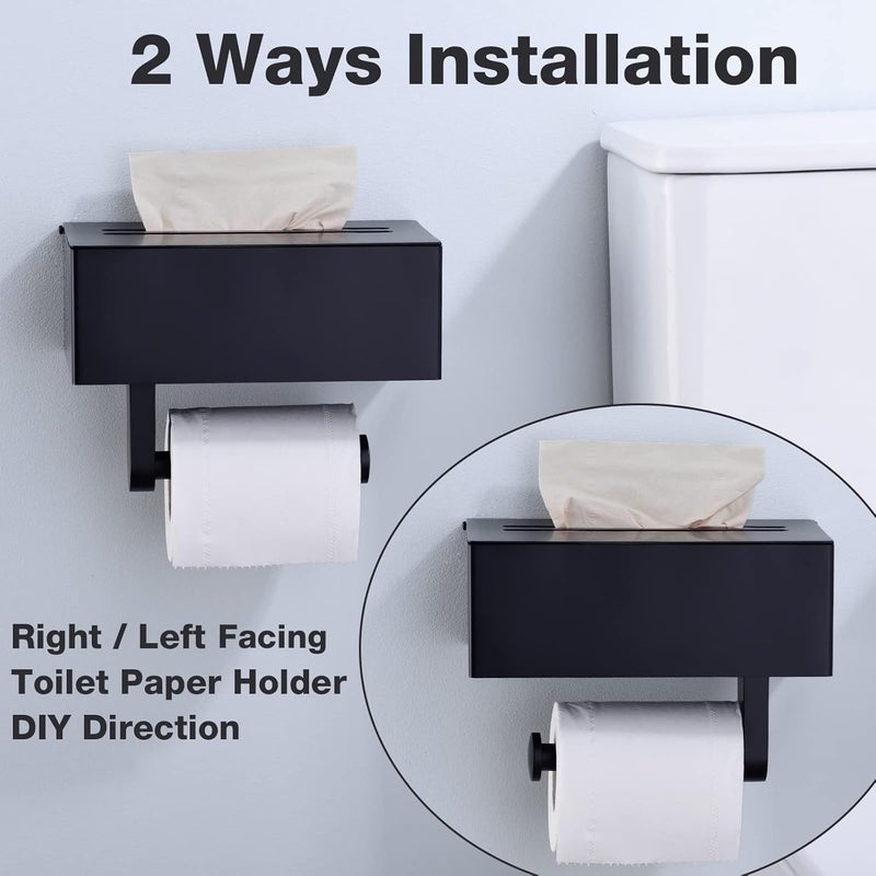TRUSTMI Toilet Paper Holder with Storage Shelf Phone Standing Tisuse Box Cover Square Bathroom Wet Wipe Facial Organizer Wall Mounted Matte Black - Image 3