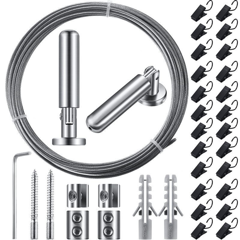 Jetec 196 Inch 5 m Wire Curtain Rod Room Divider Hanging System with 48 Clips Adjustable Curtain Drape Wire Rod Set for Tapestry Photo Picture Kids Craft Art Display Wall Window Decor1 Set