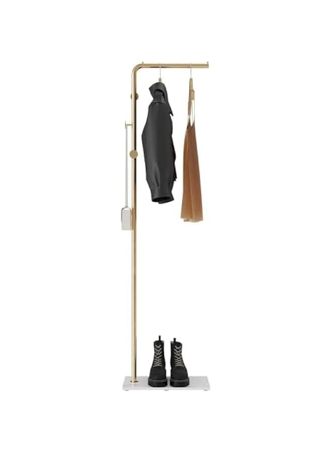 MIXDE Metal Coat Rack Freestanding, 67”Coat Hanger Stand with 3 Hooks Heavy Base Modern Coat Stand for Jackets, Suits, Dress Shirts, Dresses,Gold - Image 1