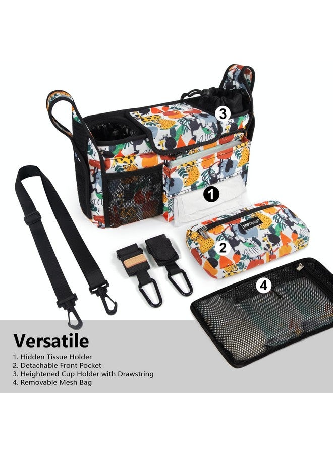 TOPDesign Universal Baby Stroller Organizer, Stroller Caddy with Detachable Mesh Bag & Heightened Insulated Cup Holders & Non-Slip Secure Hooks Accessories, Fits Most Strollers (Zoo) - Image 2