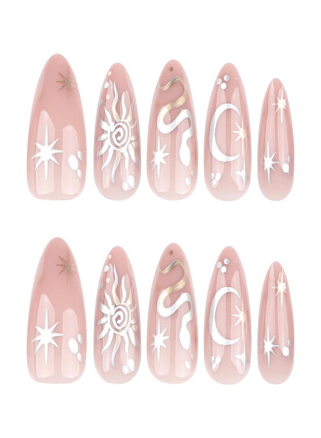 GRITOSE 24Pcs Almond Press on Nails Short Fake Nails Pink Almond False Nails with Snake Star Moon Pattern Design Artificial Acrylic Nails Press ons Full Cover Holiday Stick on Nails for Women Girls - Image 5